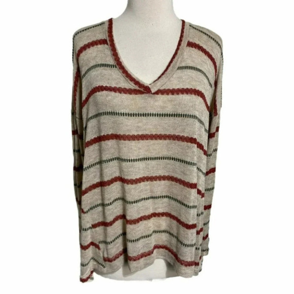 Bobeau 1X‎ plus-size tan rust V-neck lightweight sweater - Picture 1 of 5